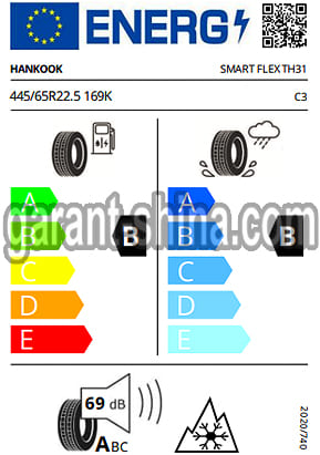 Hankook TH31 Smart Flex (прицепная) 445/65 R22.5 169K 22PR - Фото этикетки - Европейские характеристик